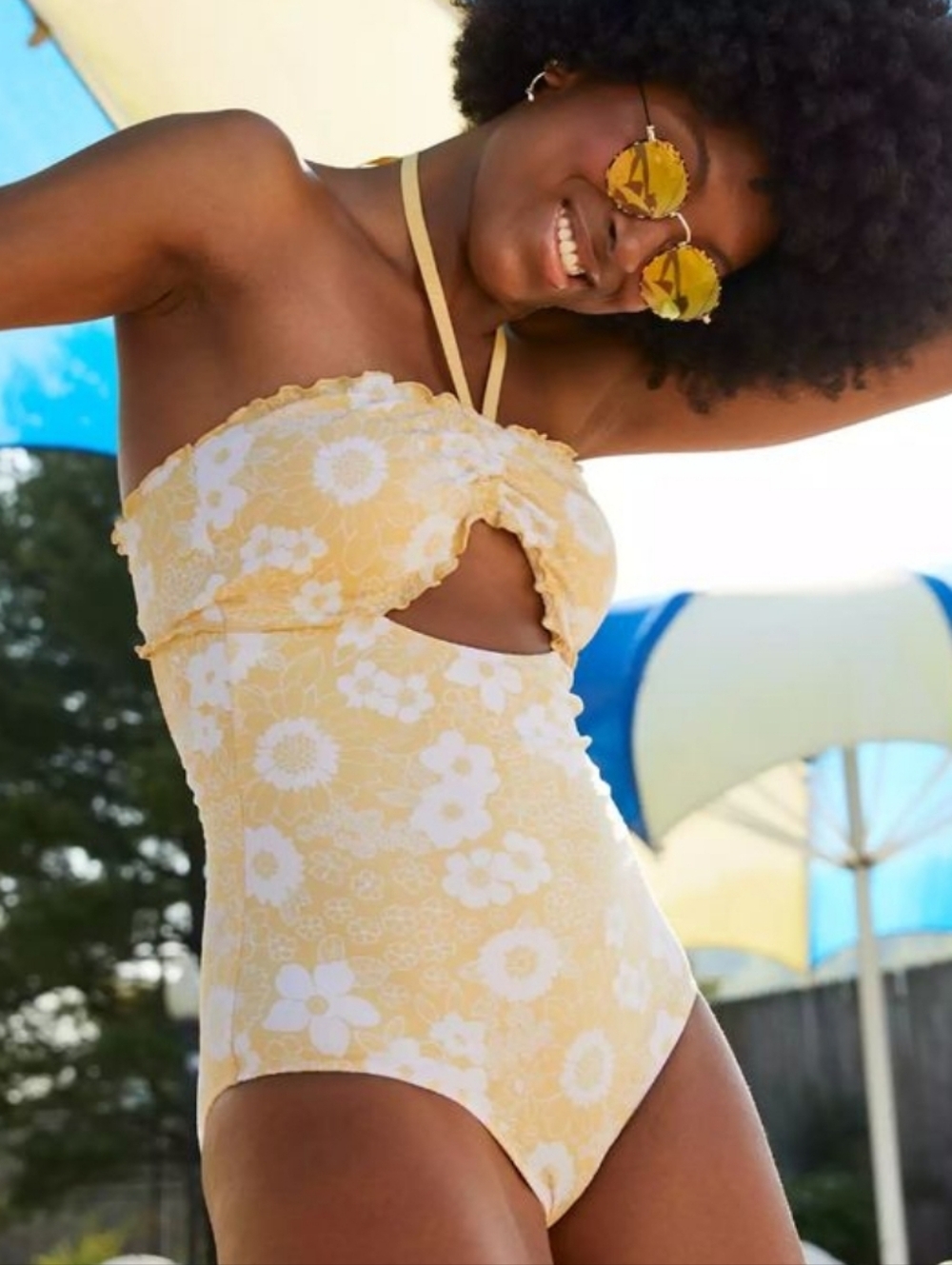 Aerie Jacquard Floral Halter Bandeau One-Piece Swimsuit